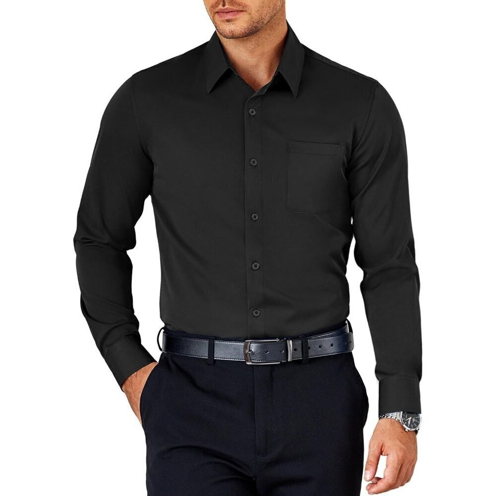 Black Men's Long Sleeve Wrinkle Free Casual Button Down Untucked Dress Shirt